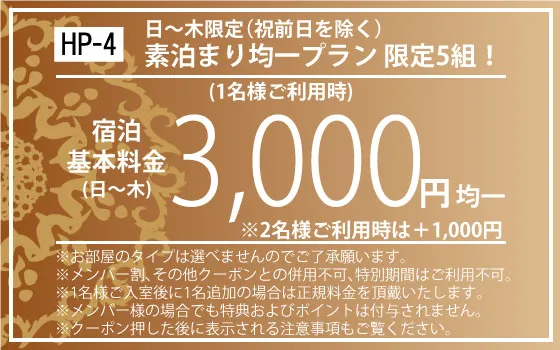 限定5組日～木宿泊3,000円均一